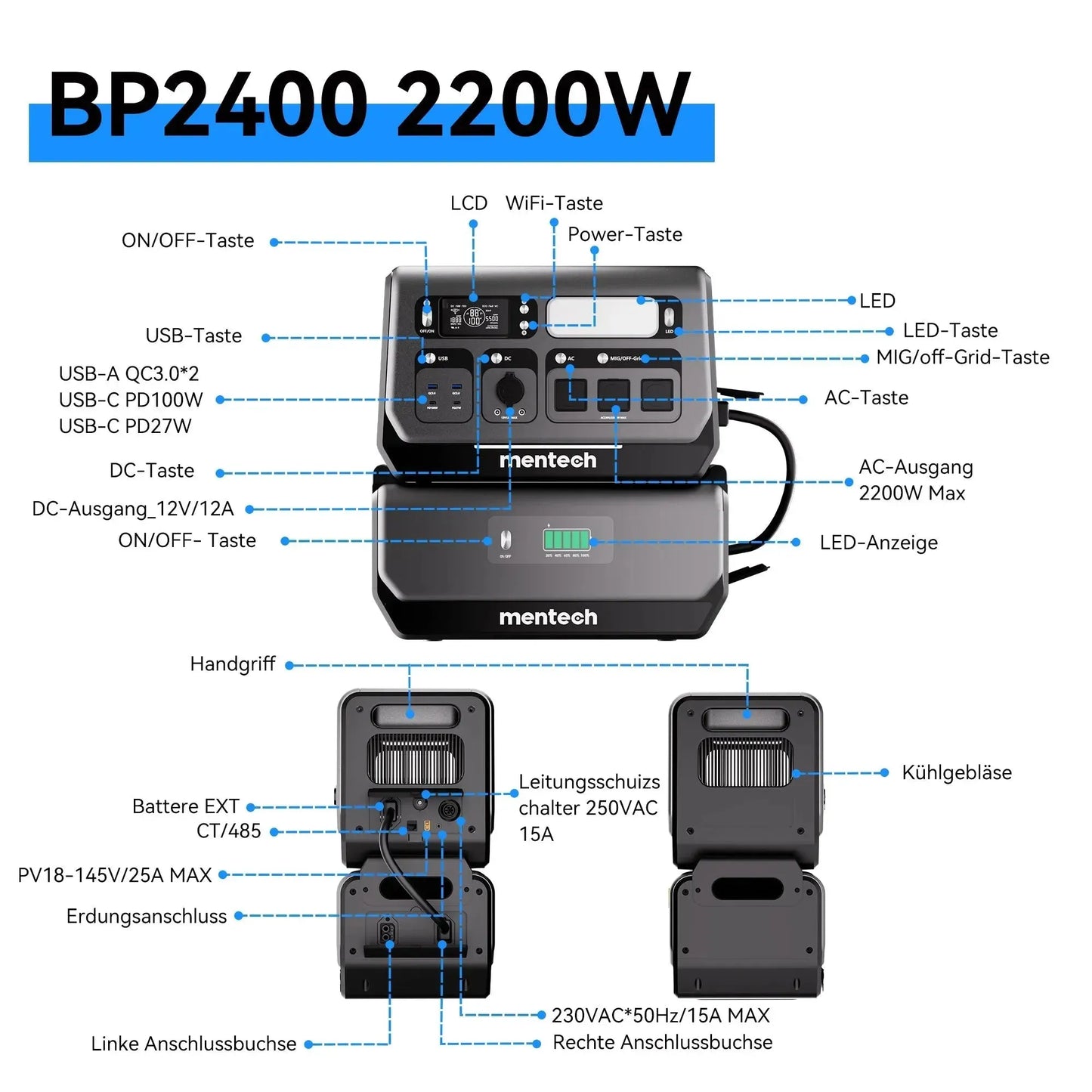 Mentech BP2400 All-on-one Balkonkraftwerk mit Speicher+Erweiterungsakku